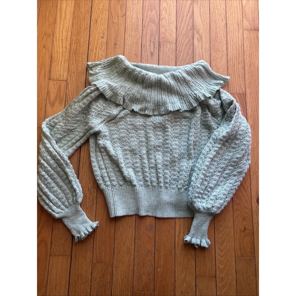 Free People Green SMALL CROP Ruffle Neck Ribbed Chunky Knit Sweater Balloon